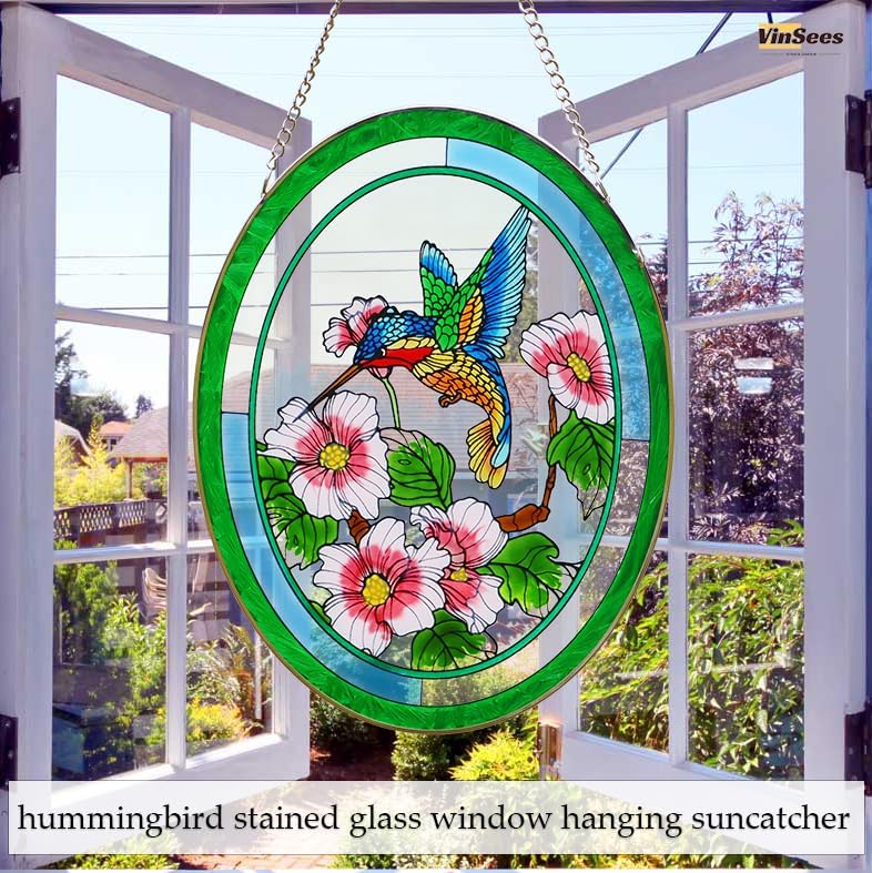 Hummingbird Stained Glass Window Hangings,Suncatcher for Window, Hummingbird and Flowers Hanging Ornament, Stained Glass Panel Home Decorations for Indoor Outdoor