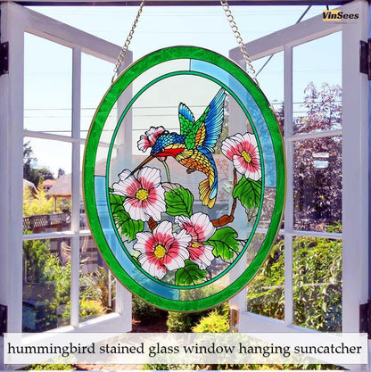 Hummingbird Stained Glass Window Hangings,Suncatcher for Window, Hummingbird and Flowers Hanging Ornament, Stained Glass Panel Home Decorations for Indoor Outdoor