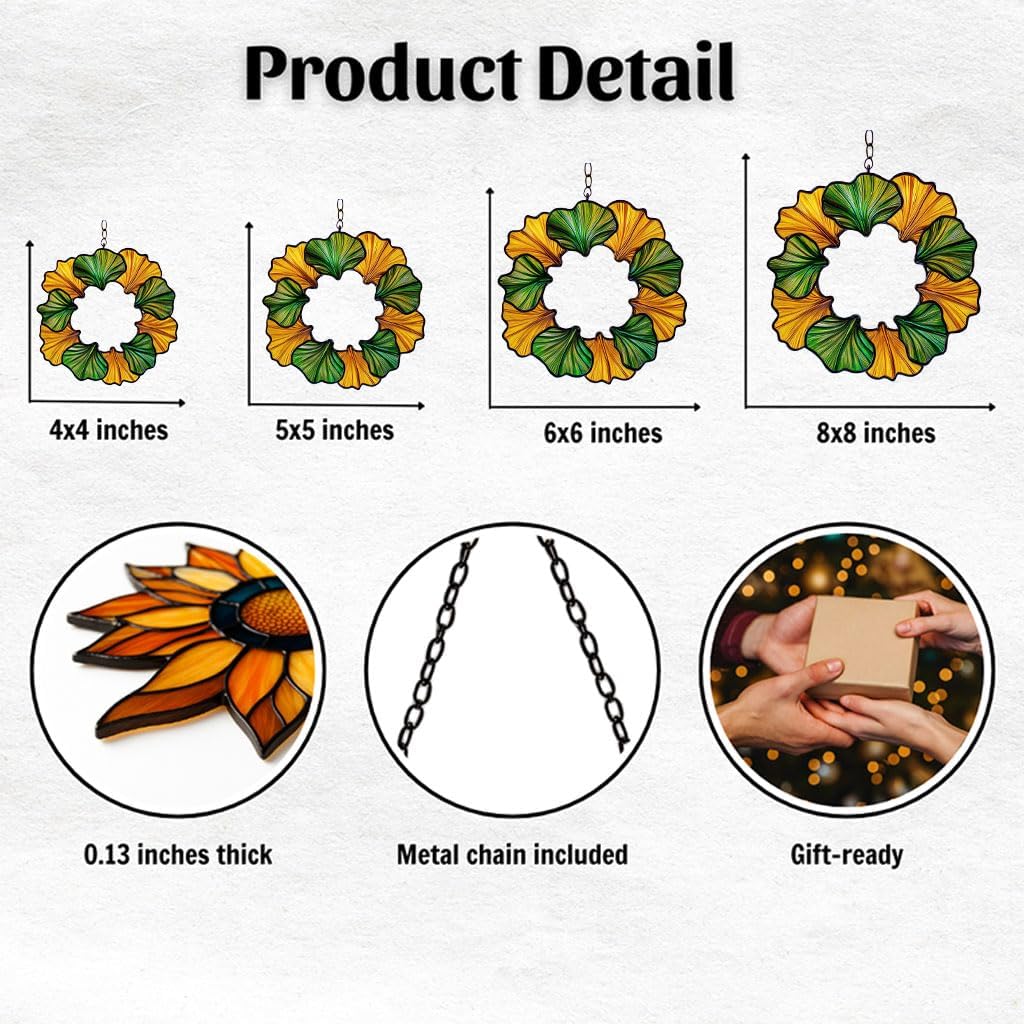 Ginkgo Wreath Acrylic Suncatcher Stained Glass Effect Window Car Hanging Christmas Ornament Indoor Outdoor Decor Garden Sun Catcher Panel for Acrylic Suncatcher Lover for Women Mom Grandma