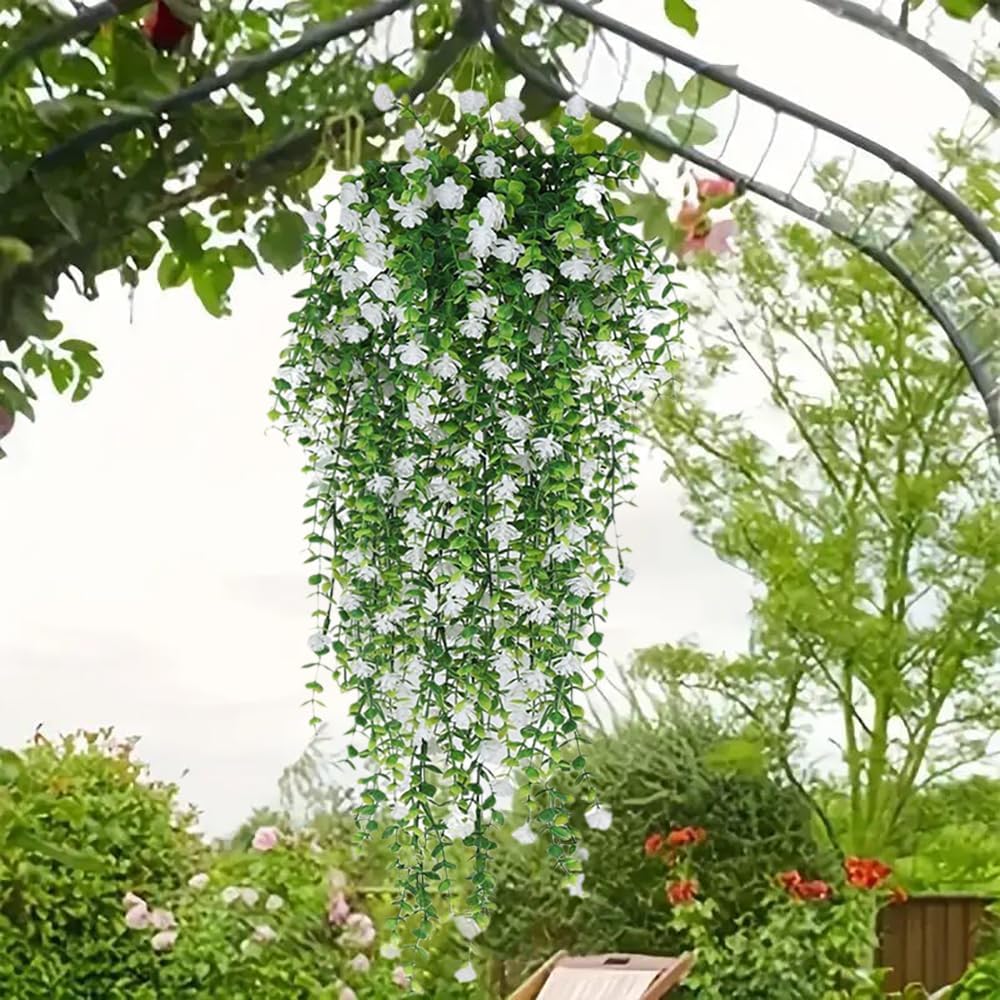 WEISPARK Artificial Hanging Flowers, 4pcs Fake Eucalyptus Vine Faux Flower Greenery Garland Plastic Plants for Indoor Outdoor Wall Garden Wedding Home Party Decor (White)