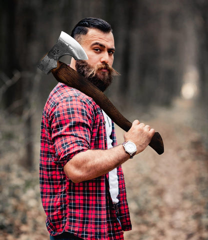 Camping Axe - 21 inches Chopping Axe for Wood Splitting and Kindling, 1055 High Carbon Steel and Beech Wooden Handle, with Leather Sheath - Head 1.5 lbs
