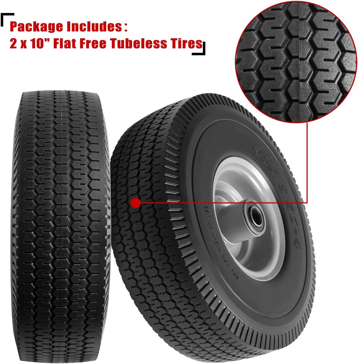 10" Solid Tire Replacement 4.10/3.50-4 Flat Free Tire and Wheel for Garden Carts, Hand Trucks, Wheelbarrows,10x3.50-4" with 5/8" Axle Bore & 2 1/4" Offset Hub (2 Pack)