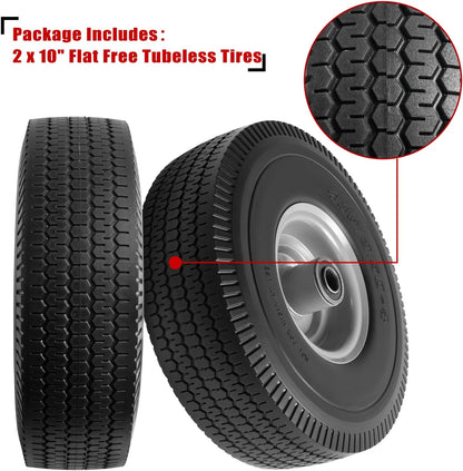 10" Solid Tire Replacement 4.10/3.50-4 Flat Free Tire and Wheel for Garden Carts, Hand Trucks, Wheelbarrows,10x3.50-4" with 5/8" Axle Bore & 2 1/4" Offset Hub (2 Pack)