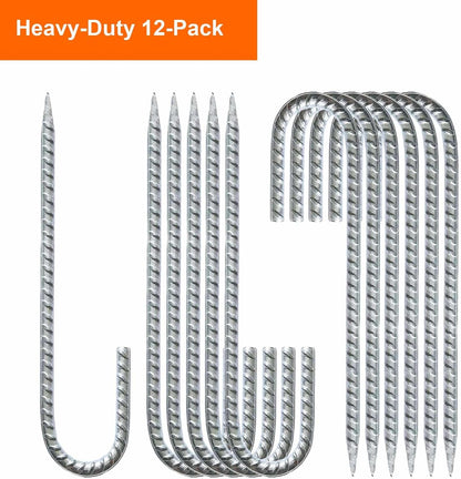 Heavy Duty Rebar Stakes 12-Pack 12-Inch - Hot-Dip Galvanized J-Hook Ground Anchors for High Winds, Trampoline, Fencing, Landscape Fabric - Forged Tip for Rocky & Hard Soil