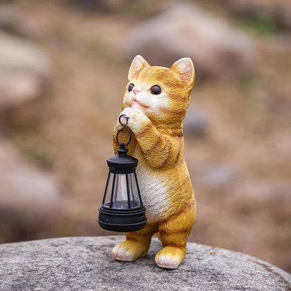 Solar Cat Garden Statue - Adorable Orange Tabby Figurine with Vintage Lantern for Outdoor Decor