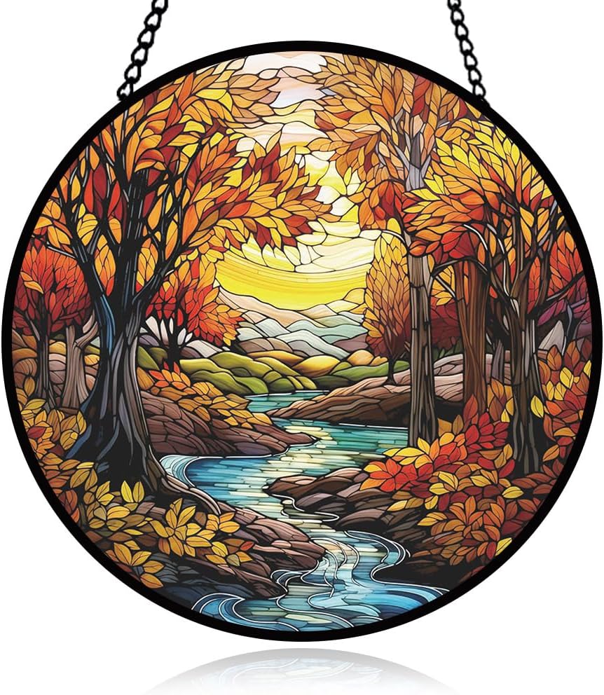 Forest Stained Glass Hanging Decoration, Fall Leaves Stained Glass Window Hanging for Window, Woodland Tree Glasses Ornament, Glasswork Wall Decor, Glasswork Ornam Gifts for Birthday, Housewarming