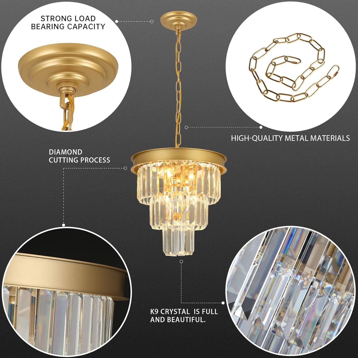 Crystal Chandeliers for Dining Room Light Fixtures Over Table，4-Lights Modern Gold Crystal Pendant Lighting Fixture，3 Tiers Small Chandeliers for Kitchen Island Bedroom Entryway D12 Inch
