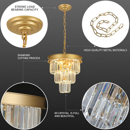 Crystal Chandeliers for Dining Room Light Fixtures Over Table，4-Lights Modern Gold Crystal Pendant Lighting Fixture，3 Tiers Small Chandeliers for Kitchen Island Bedroom Entryway D12 Inch