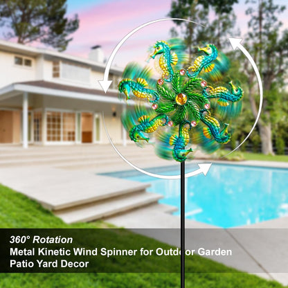 Seahorse Wind Spinners - 39" Ocean-Themed Metal Wind Sculptures Garden Stake Art, 13.5” Windmill Yard Kinetic, Outdoor Decor for Patio & Lawn - Metal Beach Sculpture with Seahorse Design