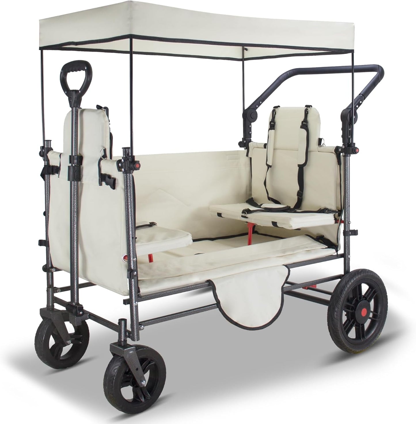 TMZ Collapsible Wagon Cart with Side-Opening Seat Conversion Design, Foldable Utility Wagon with 2 Seats, Heavy Duty Wagon 265 lbs Load Capacity (Beige)