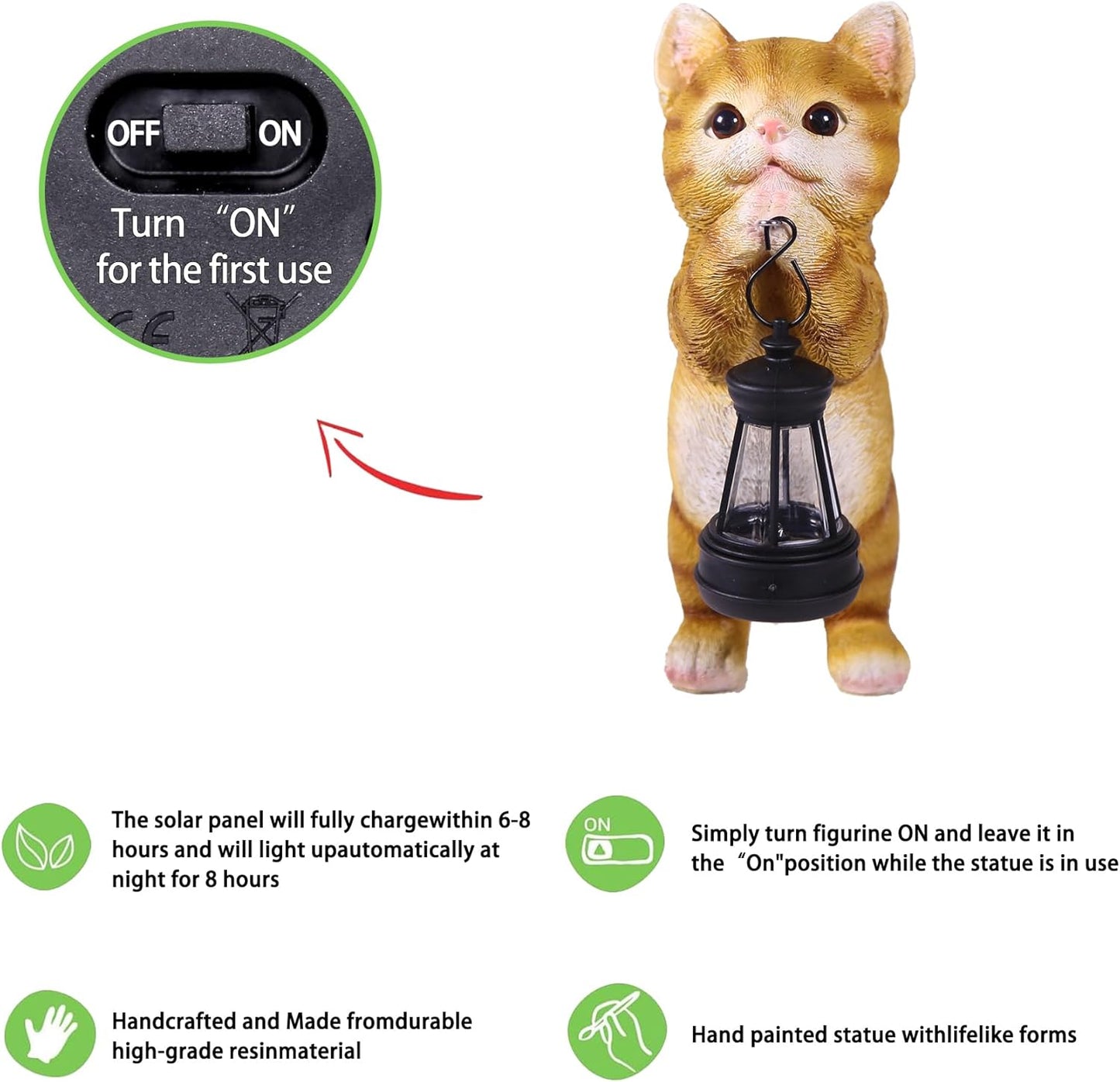 Solar Cat Garden Statue - Adorable Orange Tabby Figurine with Vintage Lantern for Outdoor Decor