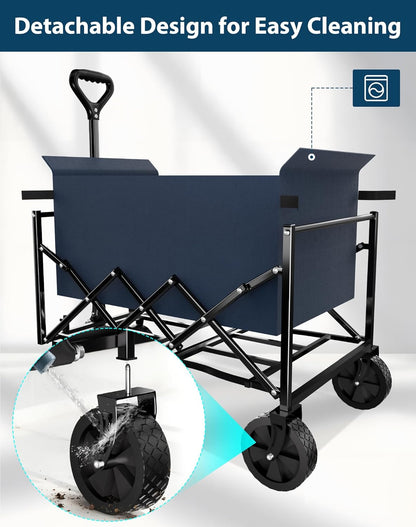 Lightweight Folding Wagon, Large Capacity Collapsible Grocery Cart on Big Wheels, Heavy Duty Foldable Shopping Carts, All-Terrain Outdoor Utility Carts, 3.5 Cu Ft, Blue