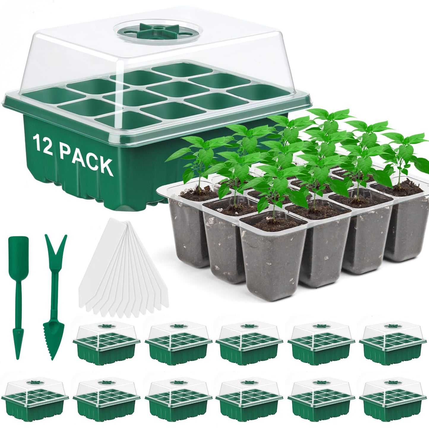 DJGINRO 12 Pack Seed Starter Tray Seed Starter Kit (144 Cells Total Tray) with Humidity Adjustable