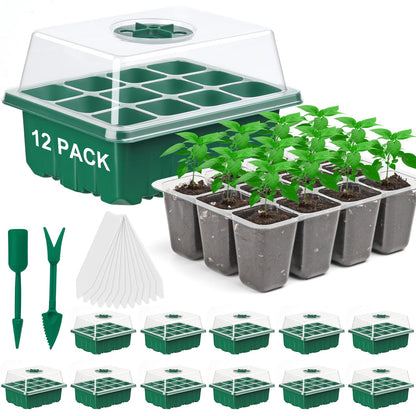 DJGINRO 12 Pack Seed Starter Tray Seed Starter Kit (144 Cells Total Tray) with Humidity Adjustable