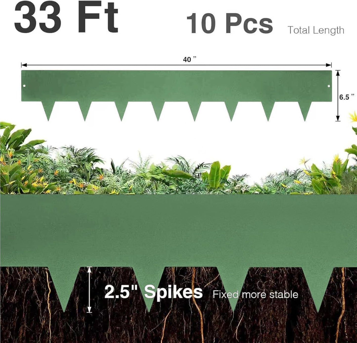 10-Pack Galvanized Steel Landscape Lawn Edging - 6.5 inch Height Green Powder Coated Bendable Metal Strips - Hammer-in Edge Border - Yard Pathway Divider 40 inch Each(33Ft Total), #LYLB65GN-US