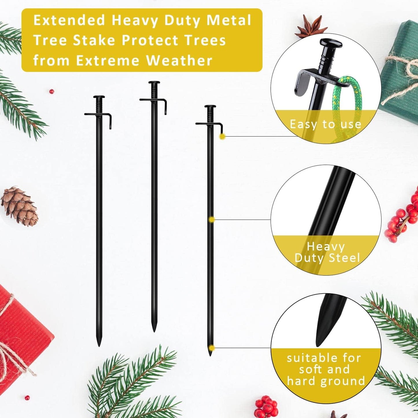 Tree Stake Kit, Heavy Duty Anchor Support for Young Trees in Bad Weather, Includes 3 Tree Straps, 3 Metal Stakes (11.8 in), and 3 Ropes