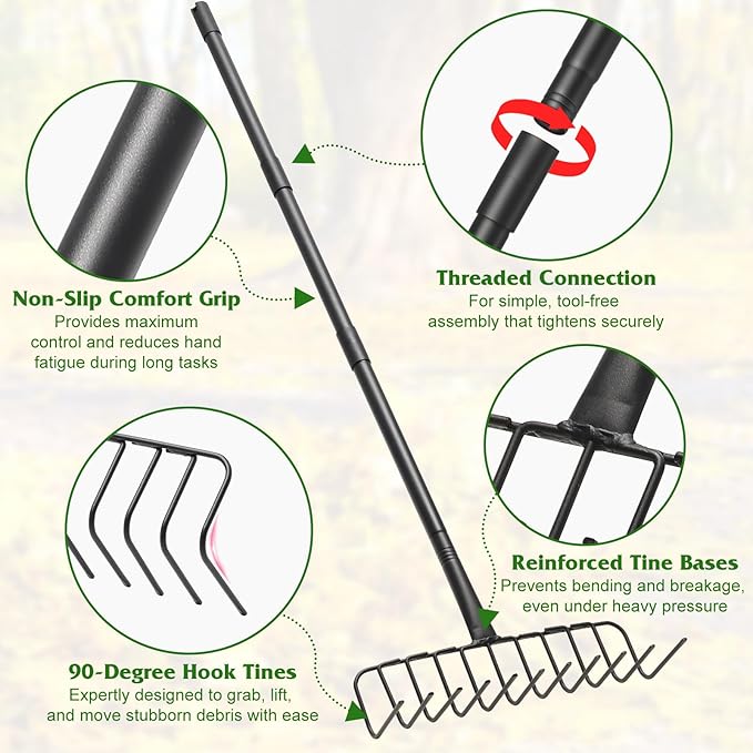 Garden Rake for Leaves, 60 Inch Heavy Duty Rakes for Lawns Yard Mulch Gathering, Metal Thatch with Adjustable Handle, Wide Bow Rake Head for Grass Deribs