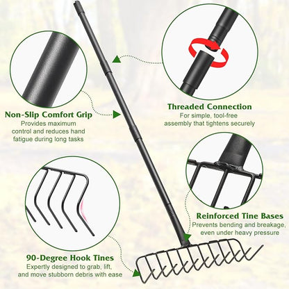 Garden Rake for Leaves, 60 Inch Heavy Duty Rakes for Lawns Yard Mulch Gathering, Metal Thatch with Adjustable Handle, Wide Bow Rake Head for Grass Deribs