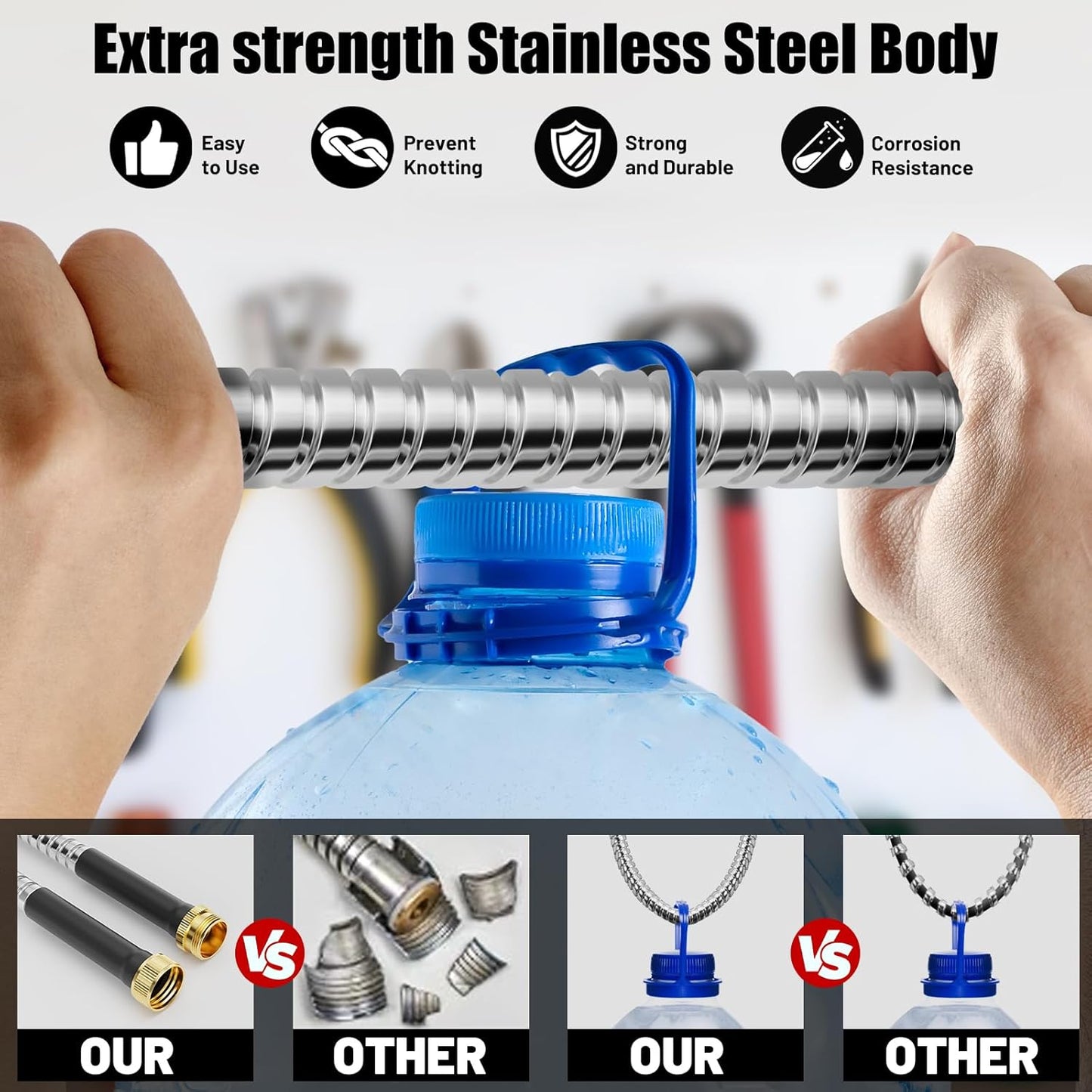 Garden Hose 25 ft, Stainless Steel Metal Water Hose 25 Feet with Nozzle, Flexible, Rust Proof, No-Kink, Heavy Duty, Leakproof 3/4 in Fittings, Lightweight Metal Hose, BT25S Model