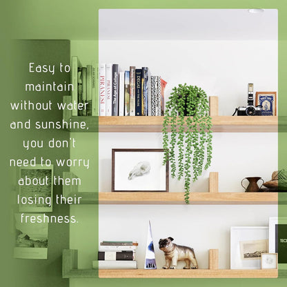 Fake Plants Indoor Artificial String of Pearls Plant in Black Pots, Long - Trail Realistic Green Faux Hanging Succulents Plants for Living Room, Kitchen, Balcony, Garden, Bedroom Decor