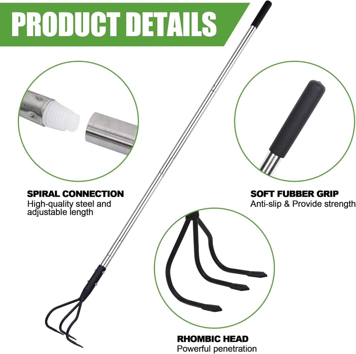 3-Tine Long Handle Tiller, Garden Cultivator with 55"-15.5" Adjustable Handle, for Loosening Soil, Tilling, Weeding and Fertilizing, Suitable for Elderly and Women