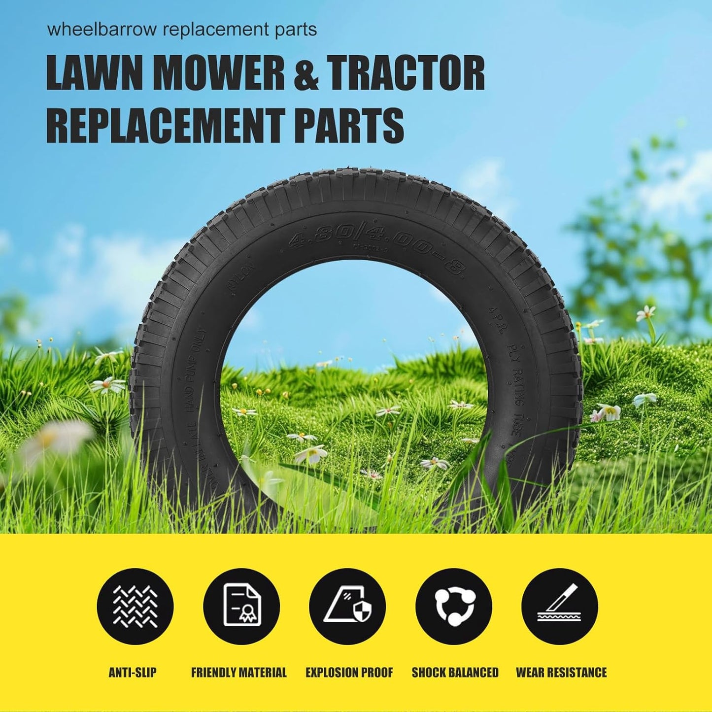 4.80/4.00-8 Tire and Inner Tube, Premium Rubber Wheelbarrow Replacement Parts for Hand Truck Lawn Mower Dollies Wagon Dolly Trailers Go Kart 2 Pack