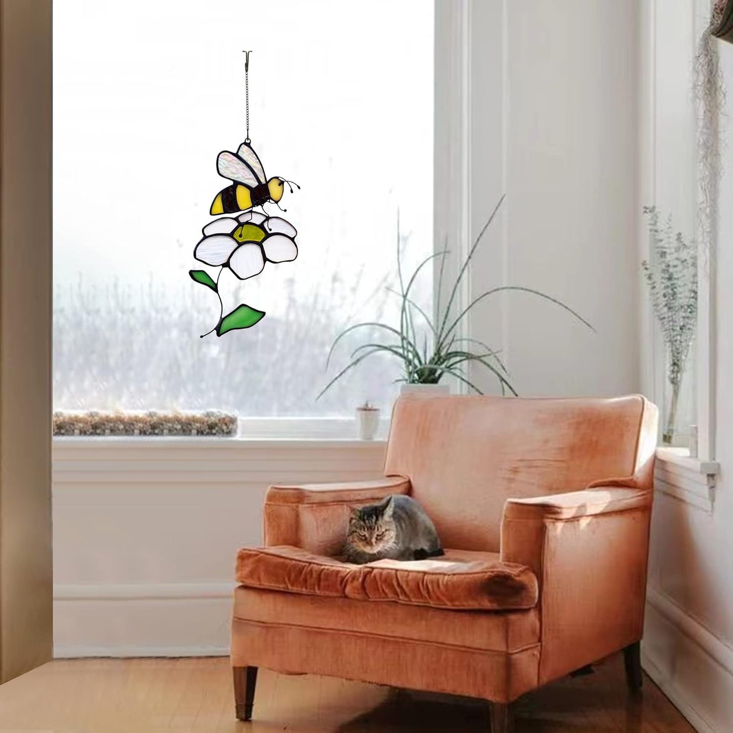 Bee Suncatcher Flower Stained Glass Window Hangings, Bee Decor Party Birthday Bee Gifts for Women,Bee Lovers, Housewarming Gifts.