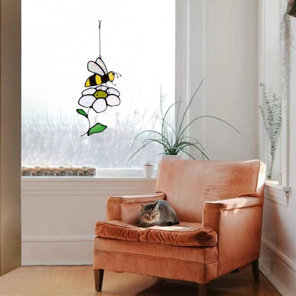 Bee Suncatcher Flower Stained Glass Window Hangings, Bee Decor Party Birthday Bee Gifts for Women,Bee Lovers, Housewarming Gifts.