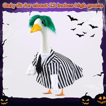 Halloween Porch Goose Outfits Black and White Striped Suit and Wig Movie Clothes for 23 Inch Cement Goose Halloween Costume Outdoor Yard Lawn Garden Patio Decor