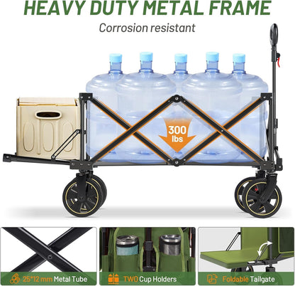 TIMBER RIDGE 49" Extra Long Collapsible Folding Wagon with Tailgate and Brakes, 300lbs Heavy Duty Wagon Carts Foldable, 250L Capacity Portable Cart for Dogs, Garden, Outdoor Camping Sports, Green