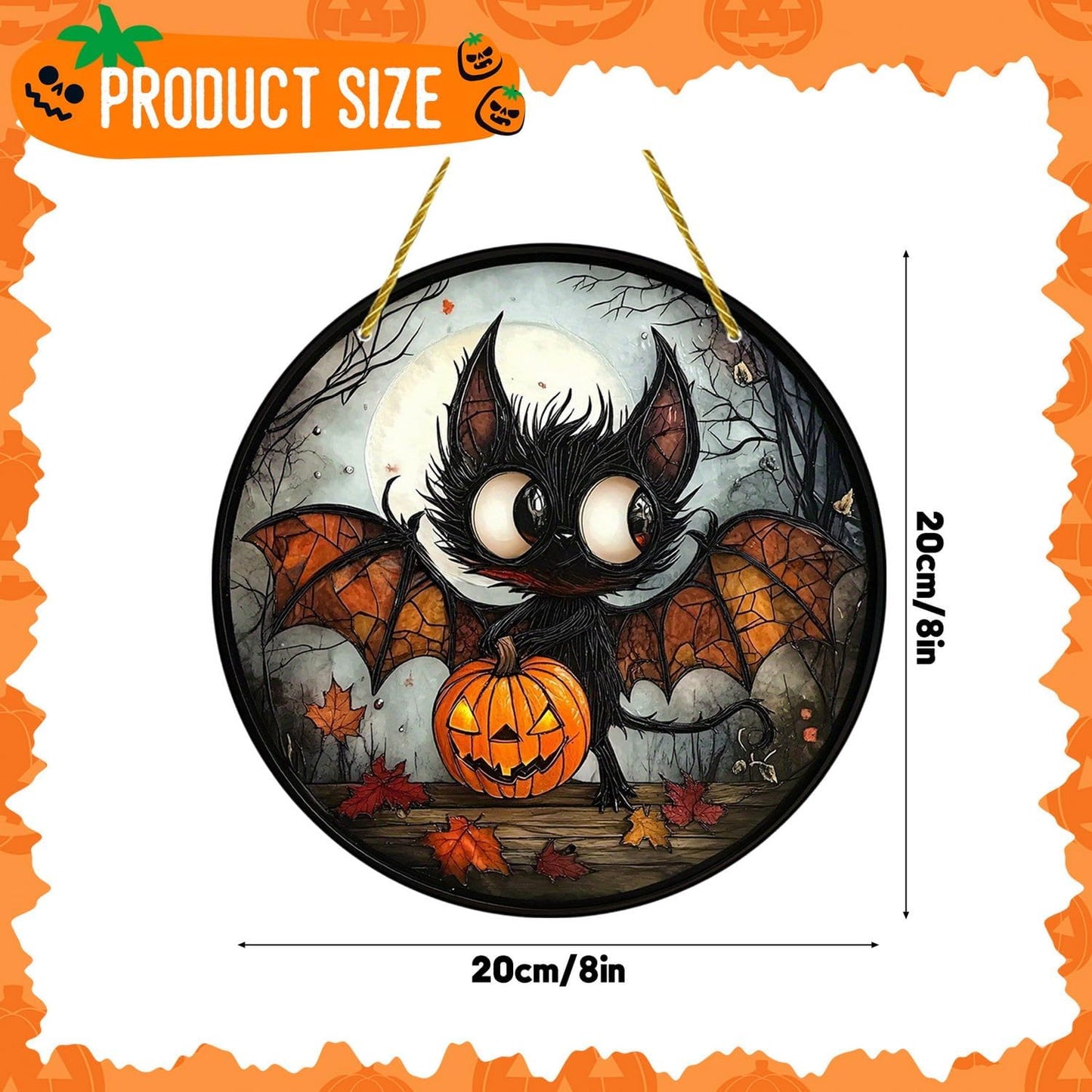 7.87inch Halloween Sun Catchers Stained Glass Window Hanging Evil Bat Pumpkin Acrylic Suncatcher Indoor Wall Art Home Round Ornament Decor for Women Men Family Party Gift