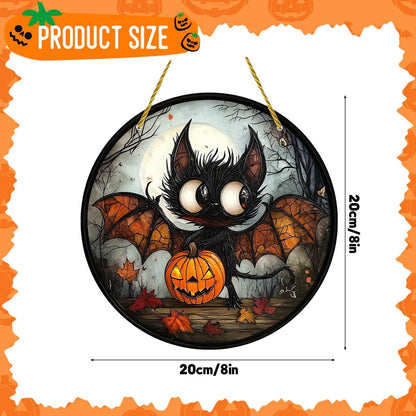 7.87inch Halloween Sun Catchers Stained Glass Window Hanging Evil Bat Pumpkin Acrylic Suncatcher Indoor Wall Art Home Round Ornament Decor for Women Men Family Party Gift