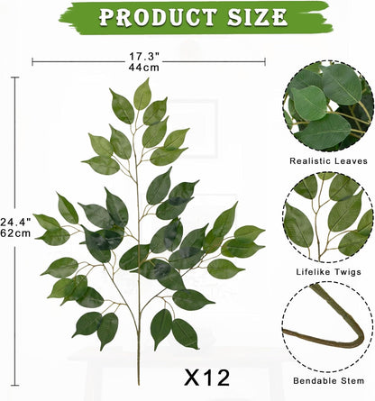 12PCS Ficus Leaves Artificial Branches 24" Faux Ficus Greenery Tree Branches Fake Ficus Leaves Sprays for Tree DIY Arch Wedding Wall Decor - Green