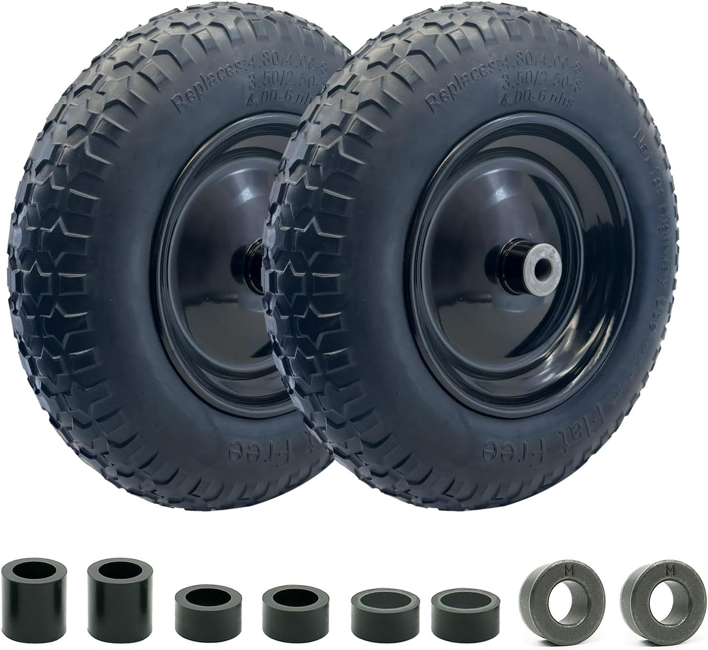 2-Pack of 3.50-8 Wheels,14.5" Flat Free Tires,Steel Rim,5/8" or 3/4"Axle Bore Hole,3”-6" Centered Hub,13"-16" Universal Fit Tire for Wheelbarrow,Hand Truck,Garden and Utility Carts, Trolleys and More