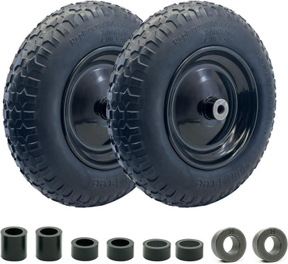 2-Pack of 3.50-8 Wheels,14.5" Flat Free Tires,Steel Rim,5/8" or 3/4"Axle Bore Hole,3”-6" Centered Hub,13"-16" Universal Fit Tire for Wheelbarrow,Hand Truck,Garden and Utility Carts, Trolleys and More
