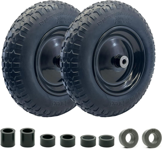 2-Pack of 3.50-8 Wheels,14.5" Flat Free Tires,Steel Rim,5/8" or 3/4"Axle Bore Hole,3”-6" Centered