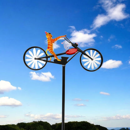 Vintage Cat Bicycle Wind Spinner, Funny Animal Riding Bike Metal Spinners Decoration Sculptures, Colorful Kinetic Pinwheels with Stakes for Yard Garden Lawn, Pet Pin Wheels Outdoor Decor