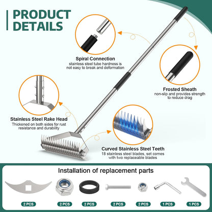Lawn Rake for Yard, 304 Stainless Steel Thatch Rake for Lawns - Heavy Duty Dethatcher Blades with Adjustable Handle , Efficient Dethatching Rakes for Cleaning Dead Grass, Loosening Soil