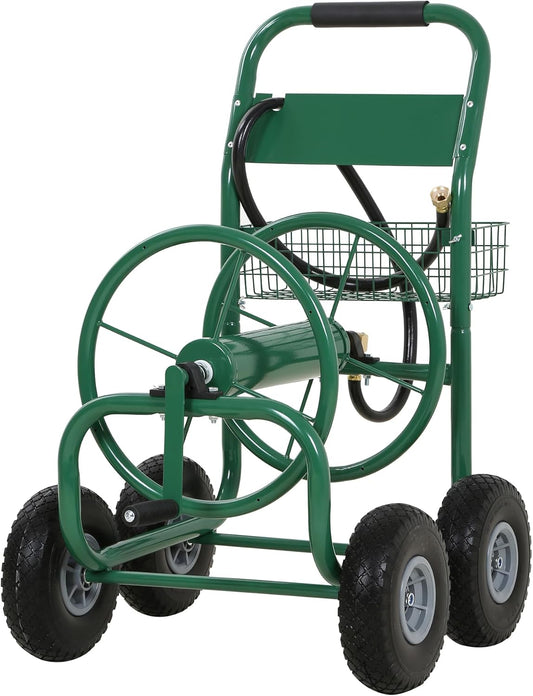 Hose Reel Hold Up To 300 Ft Heavy Duty Garden Hose Reel Sturdy Water Hose Reel Cart with 4 Wheels Storage Basket for Garden Lawn Yard Outdoor (Green)