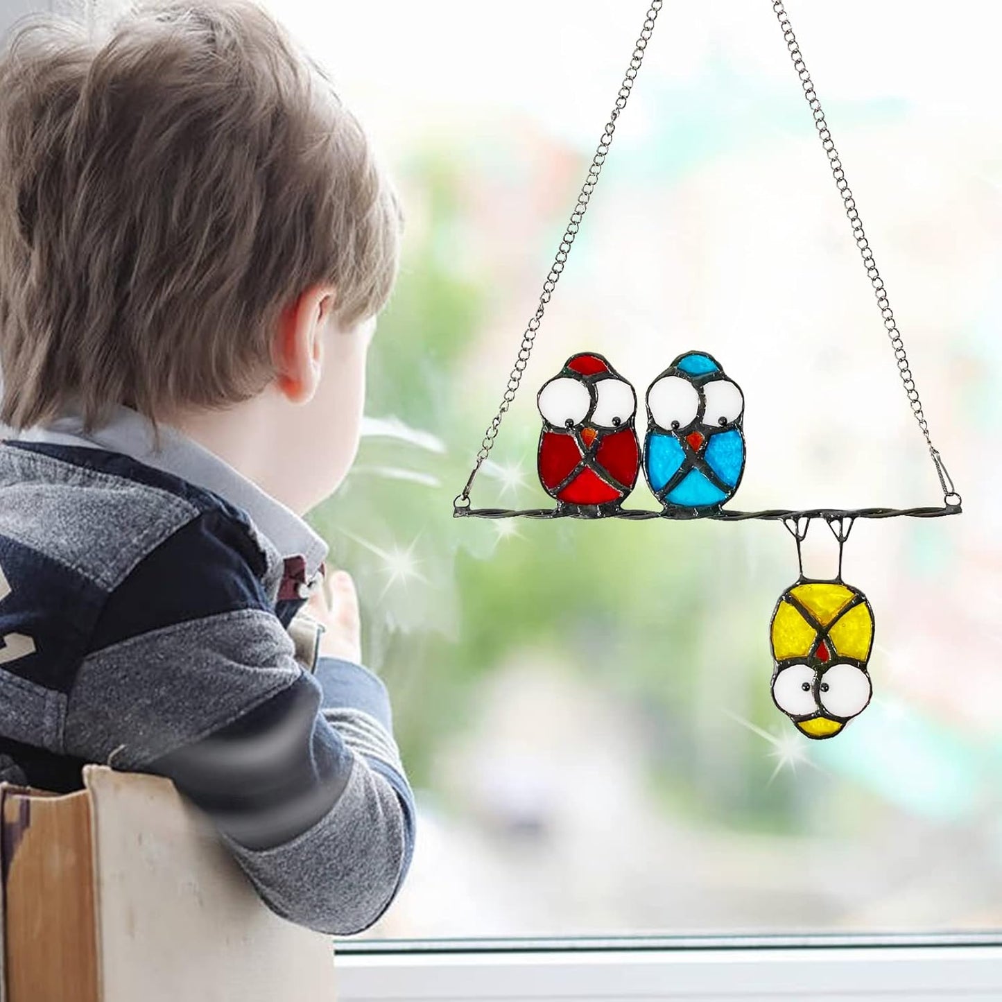 Double-Side High Stained Glass Suncatcher Panel, Multicolor Owls Suncatcher for Windows Doors Room Home Decoration Hummingbird Ornamentand Gifts for Bird Lovers Owl Gifts for Mom,Grandma(red)
