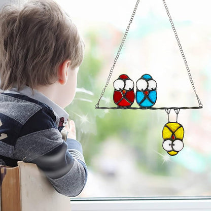 Double-Side High Stained Glass Suncatcher Panel, Multicolor Owls Suncatcher for Windows Doors Room Home Decoration Hummingbird Ornamentand Gifts for Bird Lovers Owl Gifts for Mom,Grandma(red)