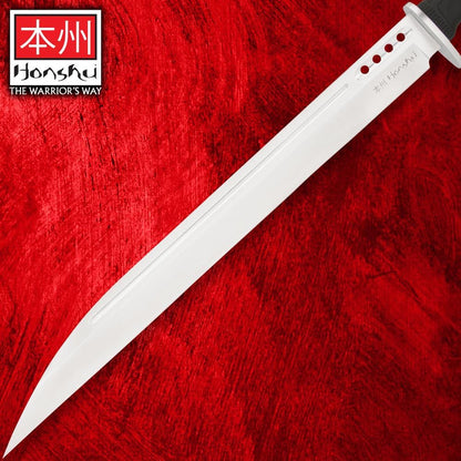 Honshu Boshin Seax Knife | 19 3/8" Full-Tang Stainless Steel Blade | Textured TPR Handle | Premium Leather Sheath with Paracord Lanyard | Modern Tactical Seax Design | 25 3/4" Overall Length
