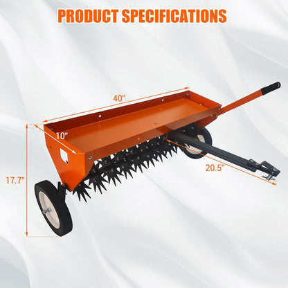 Tow Behind Aerator 40 Inch with Steel Teeth and Transport Wheels, Adjustable Handle Pull Behind Plug Aerator with Tray for Farm Lawn Garden, Durable Lawn Aeration Tool