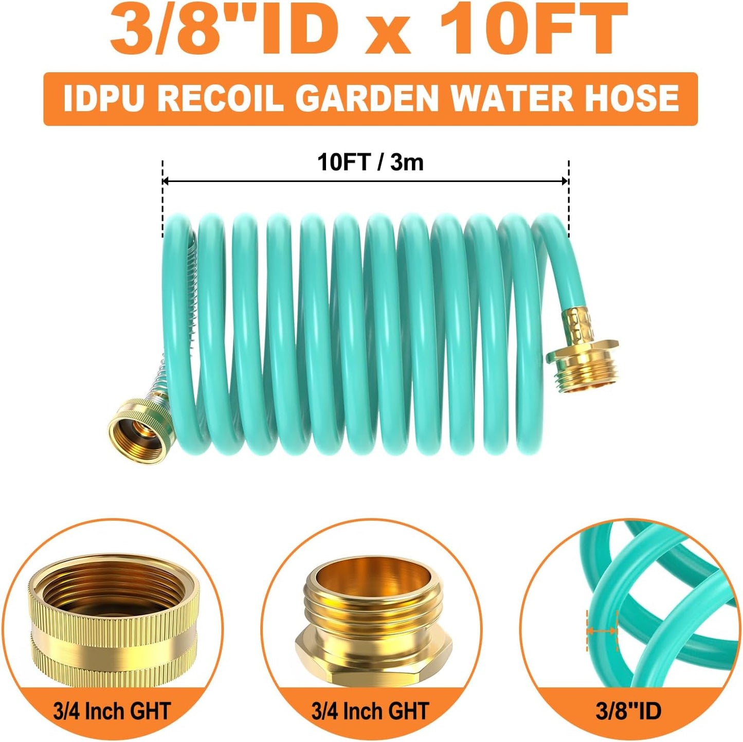 GASHER 10FT PU Recoil Garden Water Hose with 3/4"Inch Brass Fittings Retractable, Swivel Female for Boating, Pool & Spa, RV, Home and Garden（Blue)