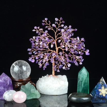 Amethyst Crystal Tree With Clear Quartz Cluster Base, Chakra for Home Decor, Healing Crystals Feng Shui Bonsai Money Positive Energy 5.5-6.3 Inches