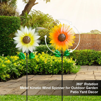 2 Pack Metal Wind Spinners for Outdoor Decor - Garden Windmill Sculptures, Yard Art for Patio Lawn - Vibrant White Daisies & Orange Sunflowers Metal Spinners for Garden Decorations