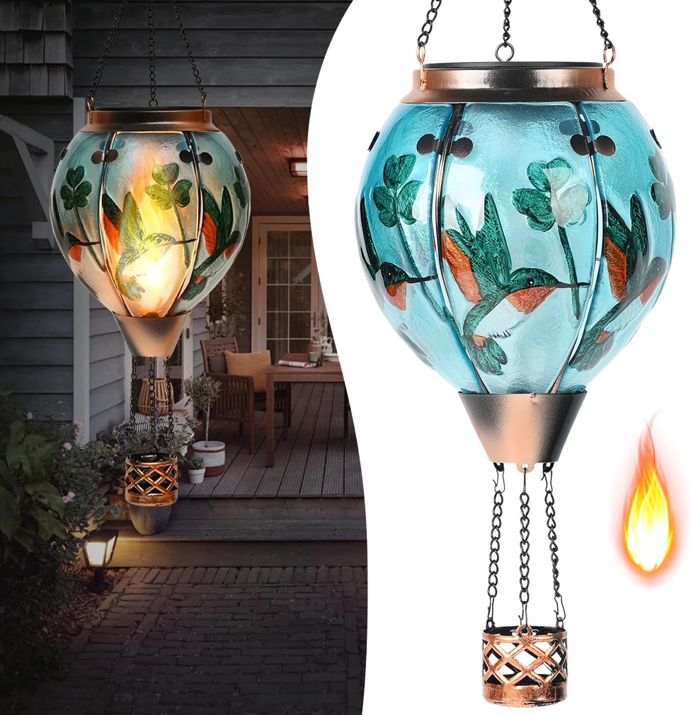 Hot Air Balloon Solar Lantern - Hummingbird Glass Lantern, Simulated Flickering & Dancing Flame, Outdoor Hanging Shamrock Yard Light Waterproof IP65 for Patio Lawn Porch Decor Irish Gift