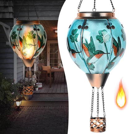 Hot Air Balloon Solar Lantern - Hummingbird Glass Lantern, Simulated Flickering & Dancing Flame, Outdoor Hanging Shamrock Yard Light Waterproof IP65 for Patio Lawn Porch Decor Irish Gift