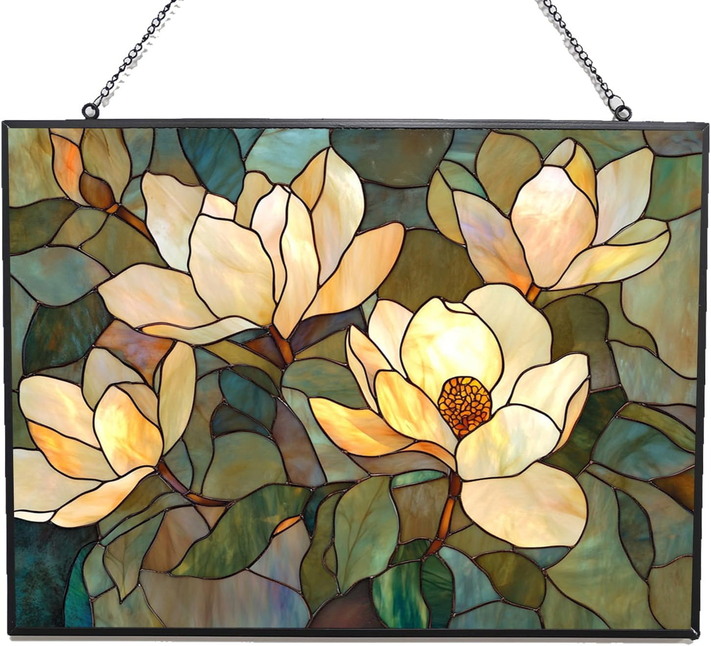 Rectangle Art Nouveau Twilight Magnolia Stained Glass Window Hanging, 15" W X 11" H Stained Glass Panel with Chain, Suncatchers for Windows Hanging Decorations, Gifts for Mom, Grandma