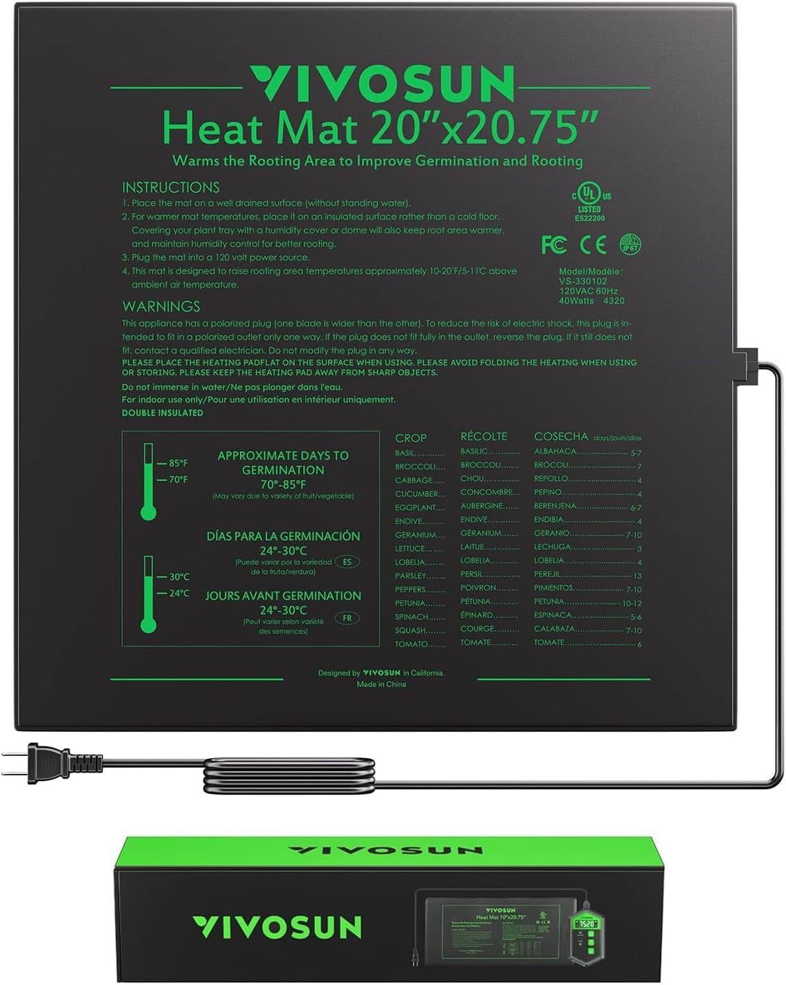 VIVOSUN Durable Waterproof Seedling Heat Mat 20" x 20.75" UL & MET-Certified Warm Hydroponic Heating Pad for Germination, Indoor Gardening, Greenhouse
